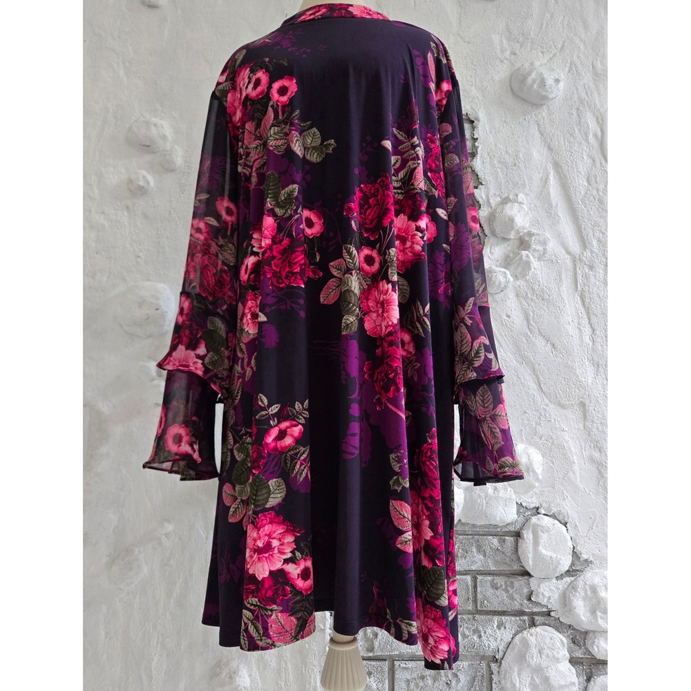 R&K Women Purple Pink Floral Mock Neck Tiered Ruffle Sleeve Shift Dress 24W